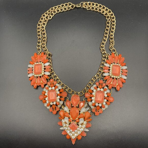 Orange Rhinestone Necklace Statement Couture Runway Glamour Curb Link 17" LOOK - Picture 3 of 10